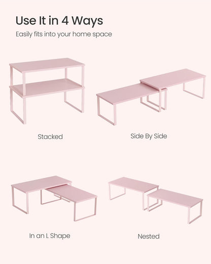 SONGMICS Cabinet Organizer Shelf, Set of 2 Kitchen Counter Shelves, Kitchen Storage, Spice Rack, Stackable, Expandable, Metal and Engineered Wood, Jelly Pink UKCS025S01