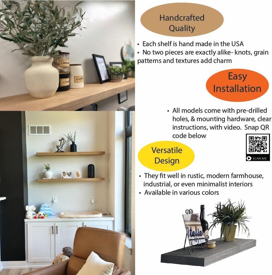 Joel's Antiques - 30 Inch Wooden Floating Shelves for Wall - 30x12x2 in - Made of Natural Wood - Long Heavy Duty Rustic Wall Shelves for Bedroom - Perfect for Living Room, Kitchen - Natural