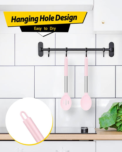 Pack of 2 Large Silicone Cooking Spoons,Non Stick Solid Basting Spoon,Heat-Resistant Kitchen Utensils for Mixing,Serving,Draining,Stirring (PINK)