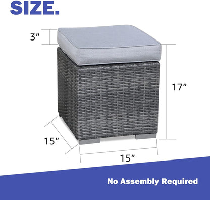 Patiorama 2 Pieces Assembled Outdoor Patio Ottoman, Indoor Outdoor All-Weather Grey Wicker Rattan Outdoor Footstool Footrest Seat with Light Grey Cushions, No Assembly Required