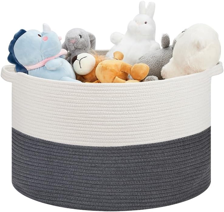 Ravinte Large Storage - 22"x 22"x 14" Blanket Basket for Living Room, Baby Toy Storage, Cotton Rope Woven Laundry (White-Gray)