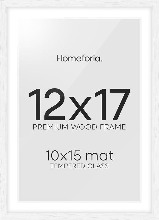 Homeforia 12x17 White Picture Frame, High End Oak 12x17 White Wooden Poster Frames with Mat 10x15 for Print, 12 x 17 Wood Frame Matted to 10 x 15 Photo, 17x12 Frame, Tempered Glass, Wall Kit, Set of 1