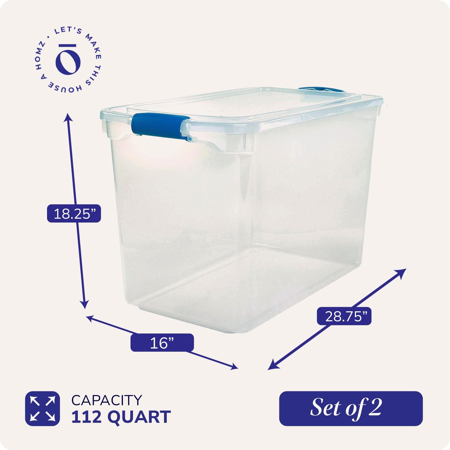 HOMZ Clear Plastic Storage Bins w/Latching Lid, 112 Qt, Blue Latch, 2 Pack
