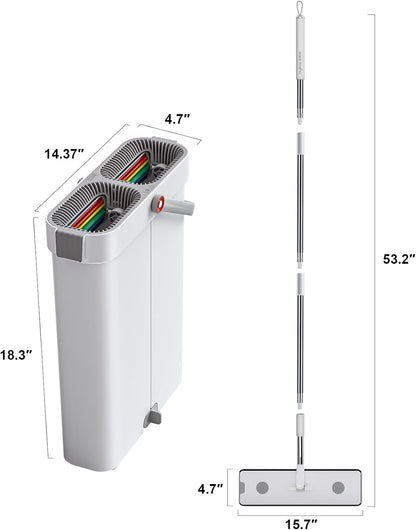 Mop and Bucket with Wringer Set for Home, Flat Mop and Bucket System, Mops for Floor Cleaning and Wall Cleaner, with 2 Reusable Microfiber Mop Pads