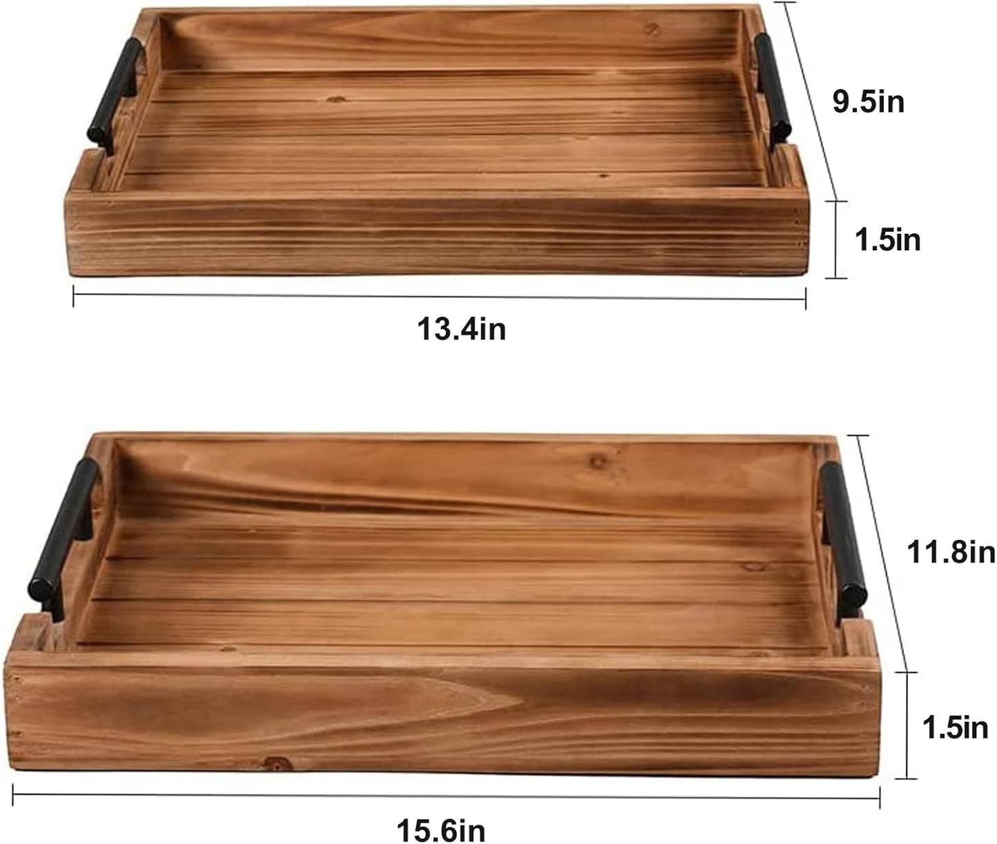 Set of 2 Decorative Nested Wood Vintage Serving Tray with Black Stainless Steel Handles for Eating, Breakfast in Bed,Kitchen,Ottoman Trays, Coffee Table Trays Farmhouse Tray