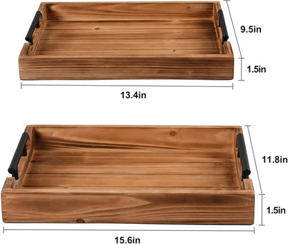 Set of 2 Decorative Nested Wood Vintage Serving Tray with Black Stainless Steel Handles for Eating, Breakfast in Bed,Kitchen,Ottoman Trays, Coffee Table Trays Farmhouse Tray