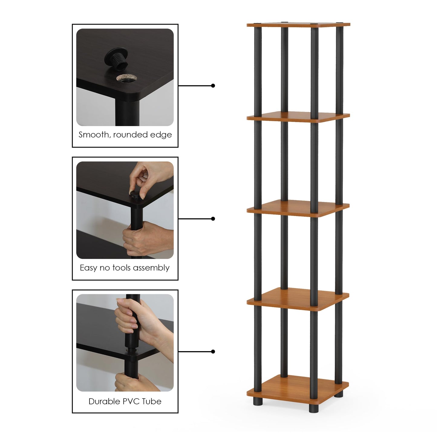 FURINNO Turn-N-Tube 5-Tier Corner Square Rack Display Shelf, Round, Light Cherry/Black