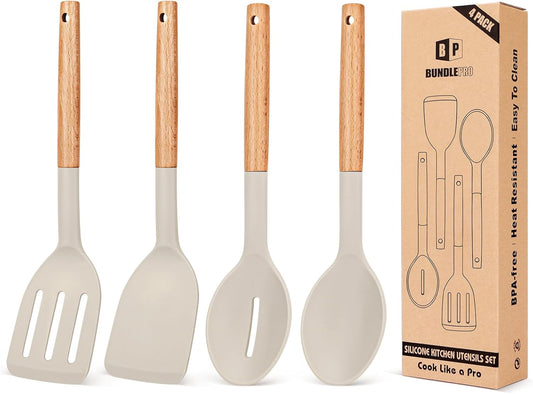 Pack of 4 Silicone Cooking Utensils Set, Non Stick Solid Spatulas and Heat Resistant Slotted Spoons