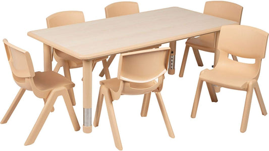 Flash Furniture Emmy Adjustable Classroom Activity Table with 6 Stackable Chairs, Plastic Activity Table for Kids, 23.625" W x 47.25" L, Natural