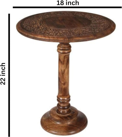 Lightnpro Hand Carved Solid Mango Wood Round Pillar Accent Table - 18" × 22" Rustic Farmhouse Side End Table | VintageRustic Boho Nightstand for Living Room, Bedroom & Entryway