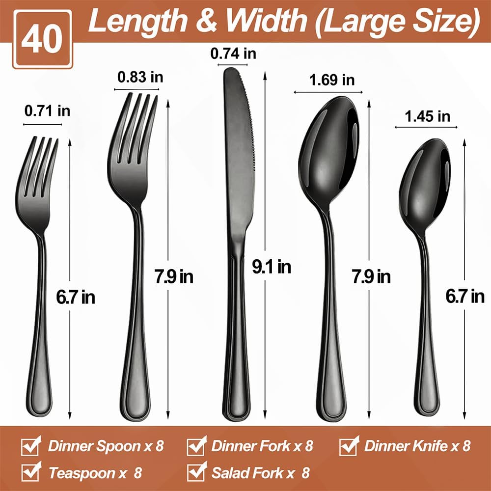 40 Pcs Black Silverware Set for 8 with Simple Striped Handle Design, Food Grade Stainless Steel Flatware Set, Eating Utensils Sets Include Fork/Knife/Spoon, Cutlery Set, Dishwasher Safe