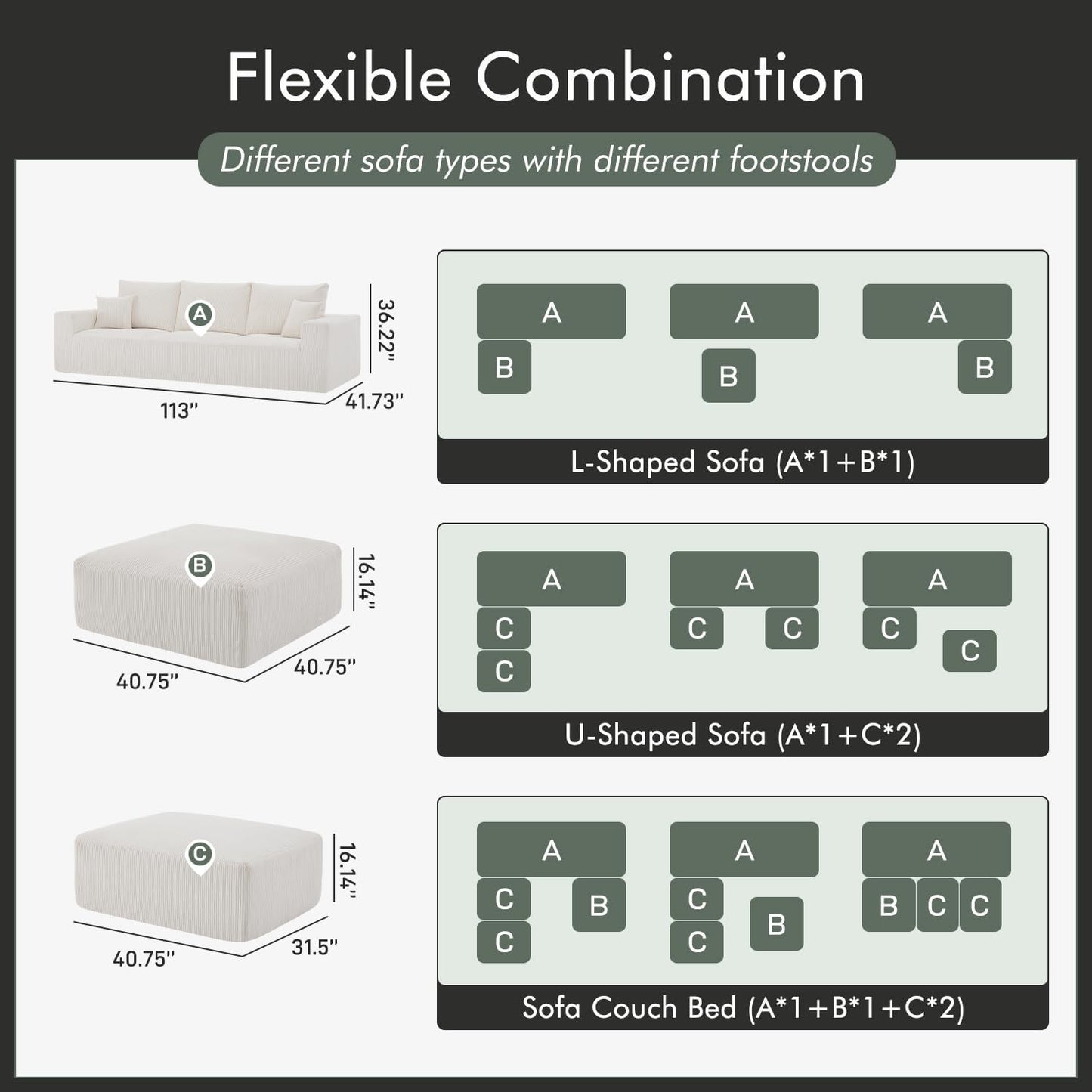 Boneless Sectional Cloud Couch Sofa for Living Room, 112" U-Shaped Modular Modern Lounge Sleeper Beige Couches with Chaise, No Assemble, Cordury Compression Upholstered Sofas