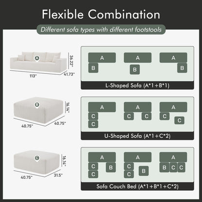 Boneless Sectional Cloud Couch Sofa for Living Room, 112" U-Shaped Modular Modern Lounge Sleeper Beige Couches with Chaise, No Assemble, Cordury Compression Upholstered Sofas