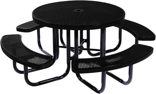 Heavy-Duty Portable Outdoor Picnic Table with Umbrella Hole, Punched Steel Commercial-Grade Patio Dining Furniture Made in America (46" Round Top, Textured Black)