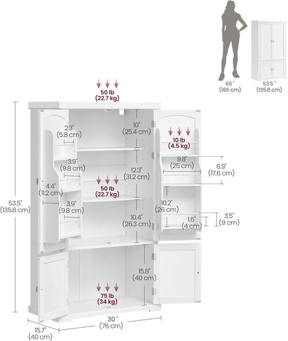 VASAGLE Pantry Cabinet, 53.5-Inch High Freestanding Tall Cupboard Storage Cabinet, 2 Cabinets, 2 Adjustable Shelves, 6 Door Shelves, for Living Room, Kitchen, White UBBC671W01