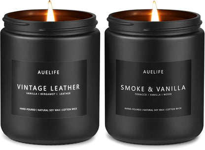 2 Pack Men Candles | Smoke & Vanilla + Vintage Leather - Scented Candles for Men - Masculines Candle - Soy Candle for Home Scented, Man Gifts, Black Jar - 7oz