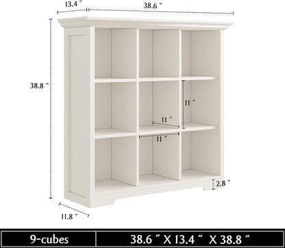 Wooden Cube Shelf Bookcase - Modern 3 Tiers Floorstanding Open Bookshelf with Base for Home and Office, 9 Cubes Storage Cabinet, Warm White