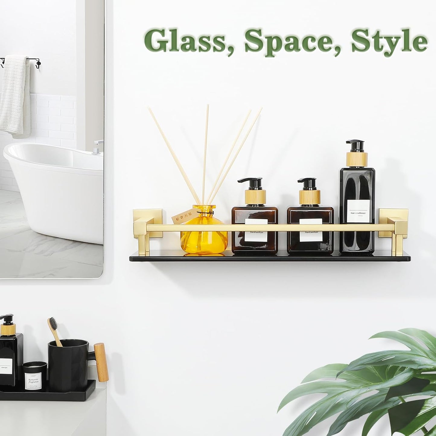 Alise Bathroom Glass Shelf with Stainless Steel Railing, Gold Small Tempered Glass Floating Wall Shelf Over The Toilet, 16 inch