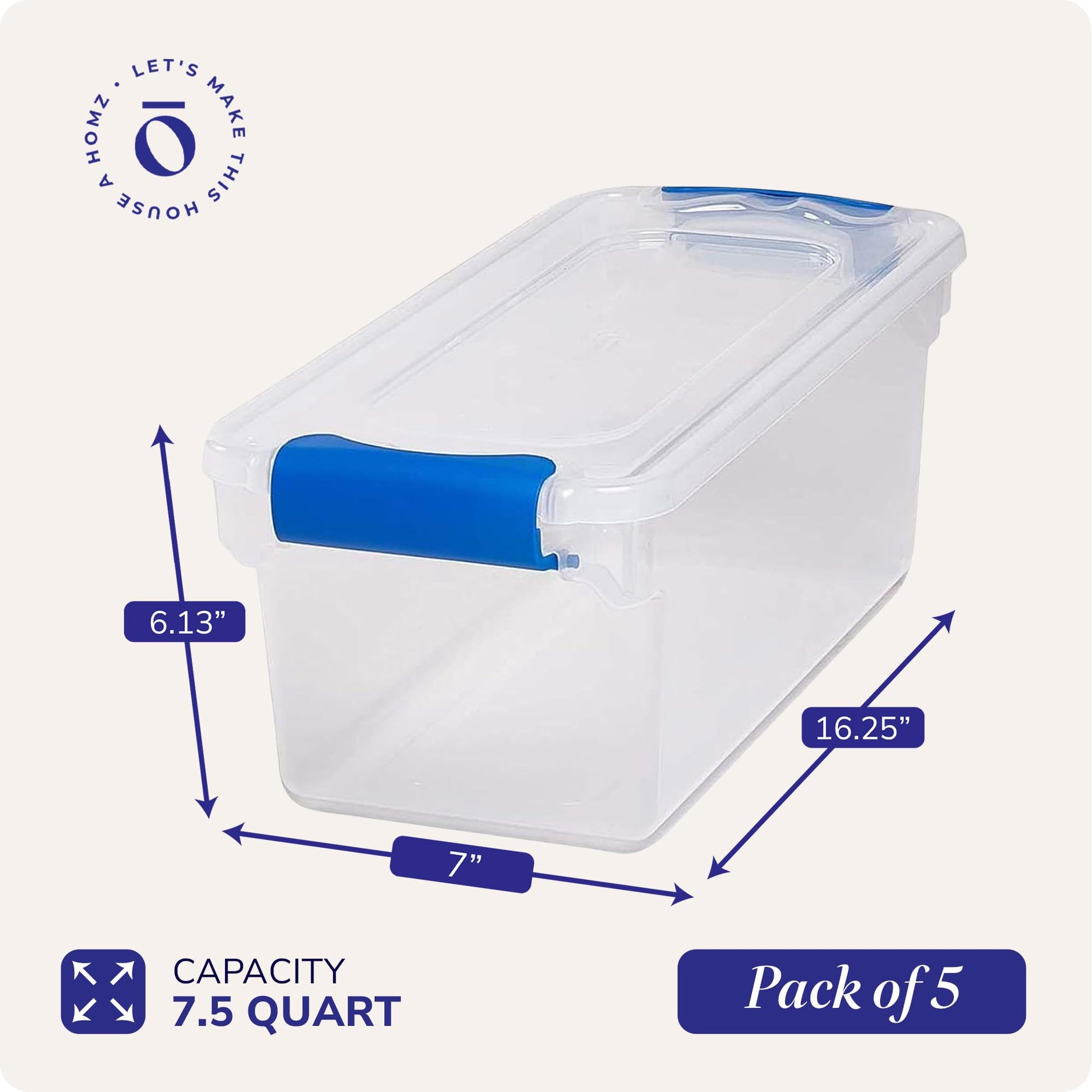 HOMZ Clear Plastic Storage Bins w/Latching Lid, 7.5 Qt, Blue, 5 Pack