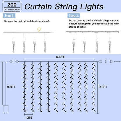 200 LED Curtain String Lights 9.8 * 6.6FT Plug in Fairy with Timer and 8 Modes, Waterproof Window Wall Lights for Bedroom Wedding Party Indoor Outdoor Christmas Decor