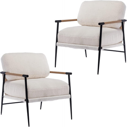 Mid-Century Accent Chair Set of 2, Soft Armchair Sherpa Fabric Lounge Chair with Black Metal Legs, Upholstered Leisure Chair for Living Room Bedroom Reception Room, White