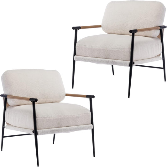 Mid-Century Accent Chair Set of 2, Soft Armchair Sherpa Fabric Lounge Chair with Black Metal Legs, Upholstered Leisure Chair for Living Room Bedroom Reception Room, White