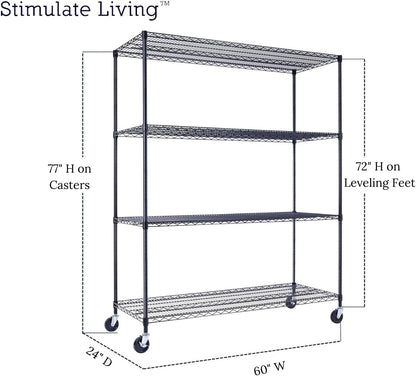 60"x24"x72" PRIME HEAVY DUTY Black 4-Tier Wire Shelving NSF 2400 LBS MAX Capacity Storage Rack for Commercial, School, Home, Garage, Warehouse, Industrial, and Hospital Uses (with Wheels)