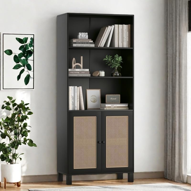 Tall Bookshelf, 5-Tier Book Shelf with 2 Rattan Doors, Freestanding Bookcase Display Shelves with Large Storage, Book Case for Living Room, Office, Study, Bedroom, 70.9 Inch