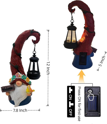 Solar Outdoor Figurine Lights Gnome Garden Decor Statue with LED Flowers & Lantern, Glowing Fairy Yard Decorations for Outside Patio Yard Front Porch, Housewarming Home Decor Gifts Thanksgiving