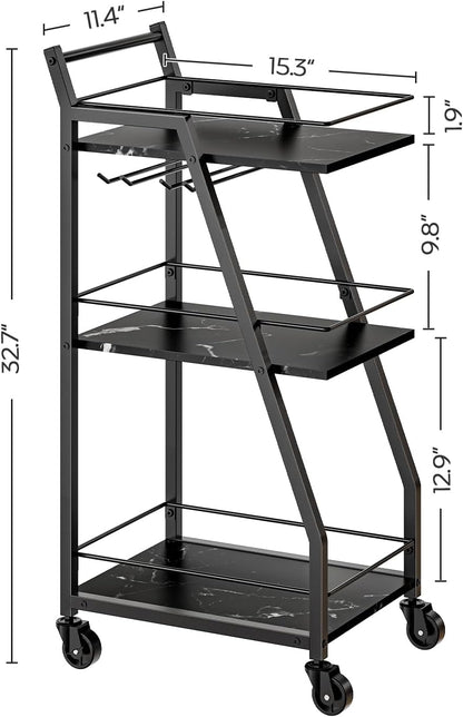 Bar Cart, Bar Cart for The Home, Small Bar Cart on Wheels, Beverage Cart, Home Bar Serving Cart with Glass Holder, Drink Cart for Bar, Kitchen, Dining, Marble Black and Black BC03BM