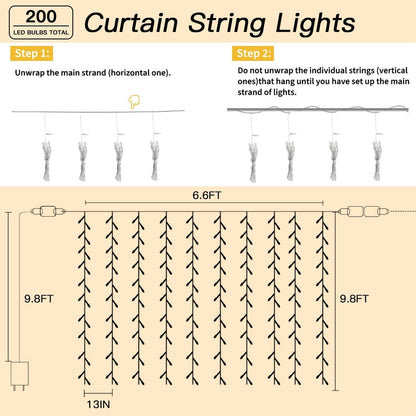 200 LED Curtain String Lights 9.8 * 6.6FT Plug in Fairy with Timer and 8 Modes, Waterproof Window Wall for Bedroom Wedding Party Indoor Outdoor Christmas Decor