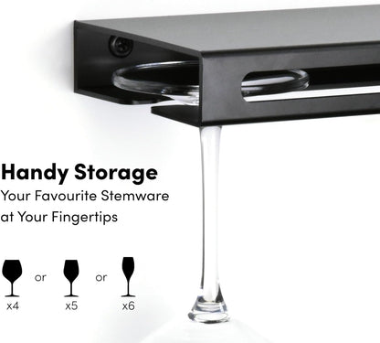 Wall Mounted Wine Rack – Metal Floating Bar Shelf with Bottle and Glass Holder, Holds 5 Bottles and 4-6 Glasses