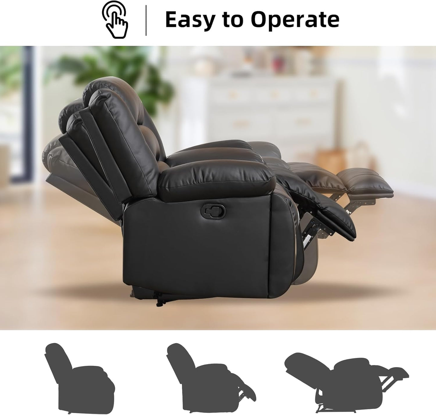 EBELLO Faux Leather Manual Recliner Sofa Set, 3 Seat Reclining Sofa, Couch Furniture Set for Living Room, Black