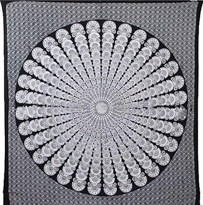 Bless International Handmade Indian hippie Bohemian Psychedelic Peacock Mandala Wall hanging College Dorm Beach Throws Table Cloth Bedding Tapestry (Black White, Queen(84x90Inches)(215x230Cms))