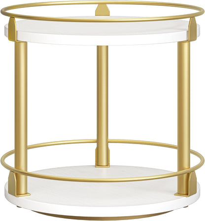 Lazy Susan Organizer, Rotating Spice Rack, 2 Tier Spice Turntable Organizer, Industrial Turntable Spice Holder, for Kitchen Countertop and Cabinet, Compact and Versatile, White and Gold SR22DW