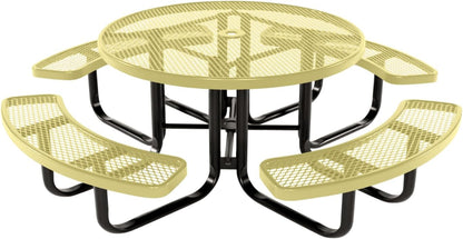 Heavy-Duty Portable Outdoor Kids Table with Umbrella Hole, Expanded Metal Kids Picnic Table, Commercial-Grade, Made in America (46 in, Round, Childrens, Textured Sandstone)