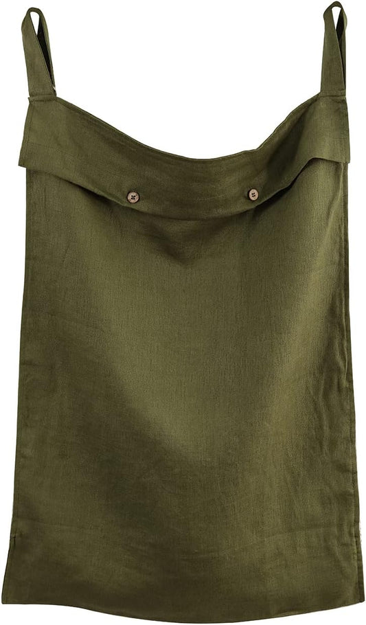 Linen Hanging Laundry Bag, 100% Linen Over The Door Laundry Hamper with Buttons and Zipper, Space Saving Door Hampers for Laundry Dirty Clothes Home Travel, Green
