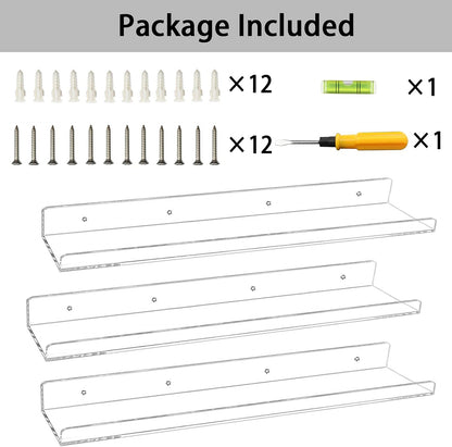 Weiai Clear Acrylic Floating Shelves 24 inches, Wall Bookshelf for Kids, Transparent Book Shelf Ledge for Wall, Set of 3