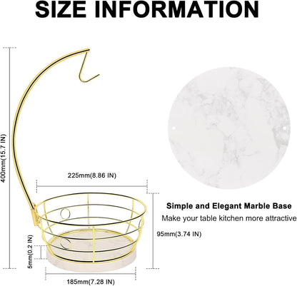 Livabber Countertop Fruit Basket Bowl with Banana Hanger, Modern Standing Fruit Vegetable Bowl Storage, with Banana Tree Holder for Kitchen Dinning Table (Round Marble, Gold)