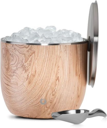 SNOWFOX XL Premium Vacuum Insulated Double Wall Stainless Steel Ice Bucket with Lid/Scoop, Bar Accessories, Large Elegant Party Bucket, Chill Several Bottles, Beautiful Entertaining, 7L, Natural Teak