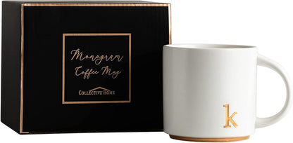 COLLECTIVE HOME - Monogram Ceramic Mugs, 15 oz Golden Initial Coffee Cups, Elegant Alphabet Tea Mugs, Elegant Personalized Mug with Gift Box, Luxurious Cups for Office and Home (k)