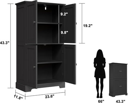 ChooChoo Bathroom Floor Cabinet, Modern Bathroom Storage Cabinet with 4 Doors and Adjustable Shelves, Freestanding Cupboard for Living Room, Black