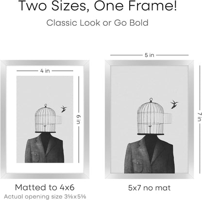 Homeforia 5x7 Picture Frame Silver, High End Metal 5 x 7 Silver Frames with Mat 4 x 6 Print, 5by7 Desk Frame Matted to 4x6 inch Photo, 5 by 7 Wall or Tabletop Frame, Tempered Glass, Wall Kit, Set of 1