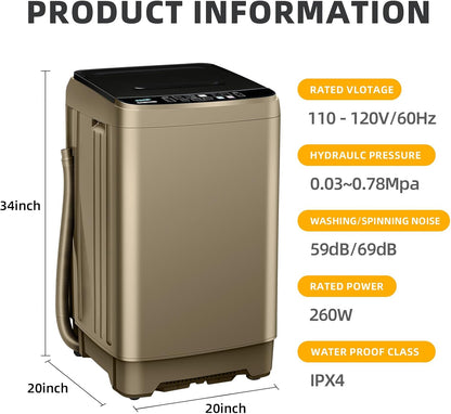 Portable Washing Machine 2.3 Cu. Ft. Full-Automatic Compact Washer Machine for Apartment, 10 Wash Program Small Portable Washer for Dorm, Apartment, RV, Home, Golden