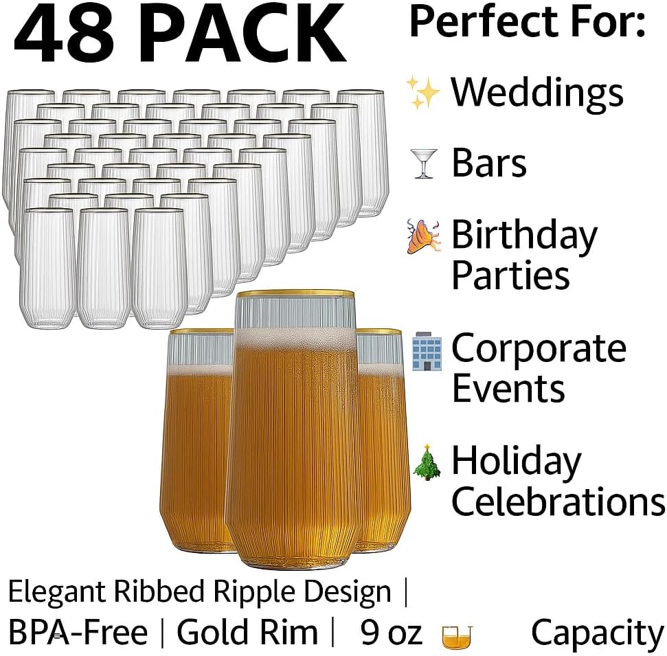 48 Pack Ribbed Ripple Stemless Toasting Glasses, Origami Durable 9 Oz BPA-Free Disposable Plastic Champagne Flutes for Weddings, Bars, Events, and Celebrations (Gold Rim)