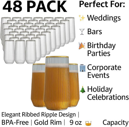 48 Pack Ribbed Ripple Stemless Toasting Glasses, Origami Durable 9 Oz BPA-Free Disposable Plastic Champagne Flutes for Weddings, Bars, Events, and Celebrations (Gold Rim)