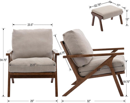 Mid Century Modern Accent Chair with Ottoman, Farmhouse Linen Upholstered Living Room Armchair and Ottoman Set, 23" Seat Wide Retro Leisure Lounge Chair with Wood Frame for Home, Bedroom, Beige