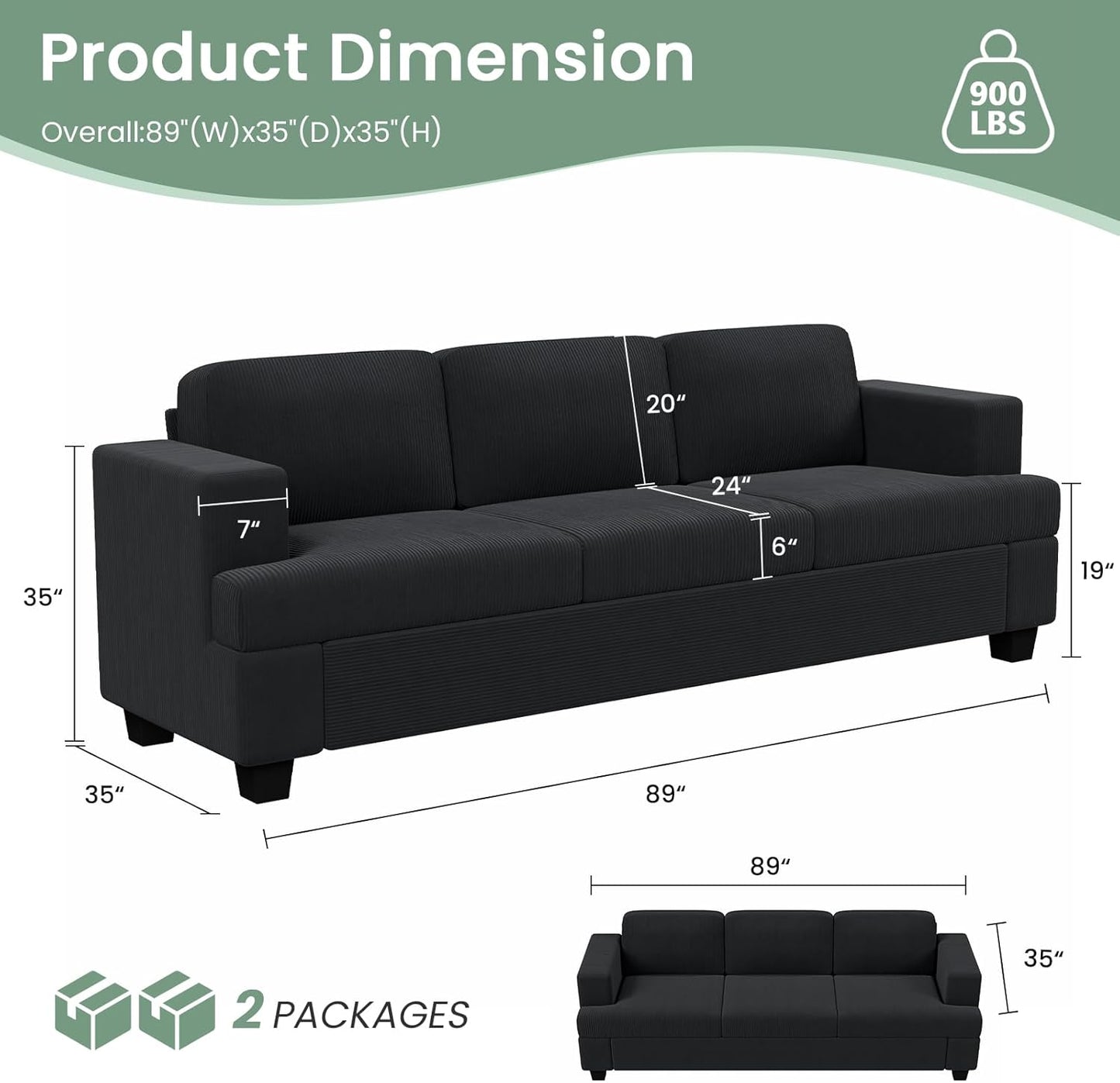 2 Piece Set Comfy Sofa Couch, 2 3-Seater Sofa with Deep Seats, Modern Sleeper Couch for Living Room, Black Corduroy