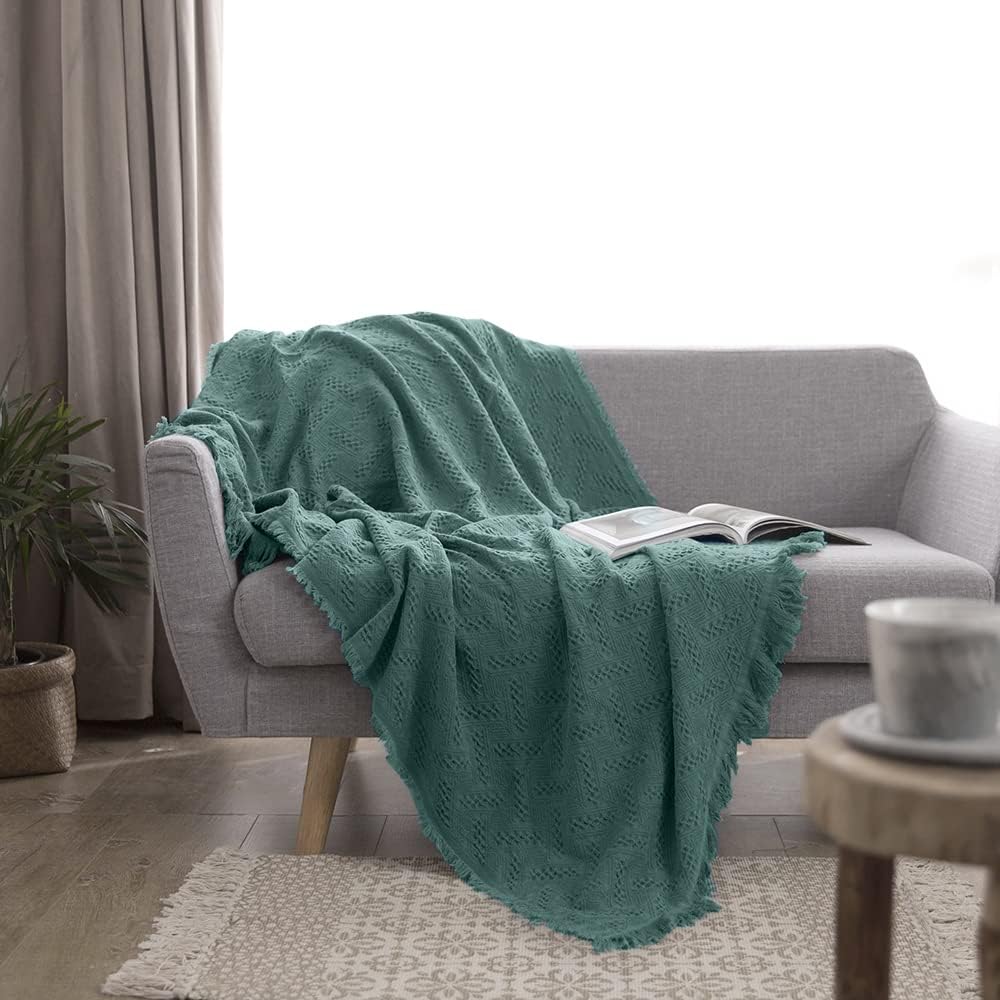 Simple&Opulence 100% Cotton Throw Blanket for Bed, Couch, Boho Luxury Geometric Knit Woven Blanket with Tassels Soft Lightweight Cozy Breathable, Vintage Farmhouse Decoration for All-Season(Green)