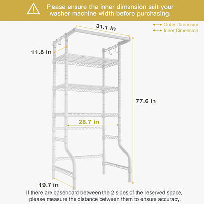 Ulif U11 Medium Over Washer and Dryer Shelves, 3 Tiers Laundry Room Storage and Organizer Standing Shelf, Metal Freestanding Clothes Drying Rack, 31.1”W x 19.7”D x 77.6”H, White